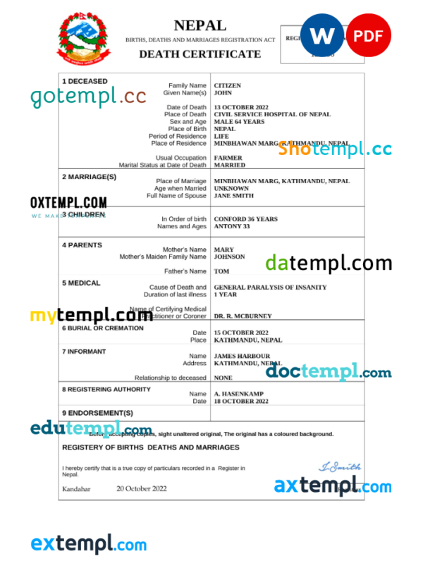 Nepal vital record death certificate Word and PDF template