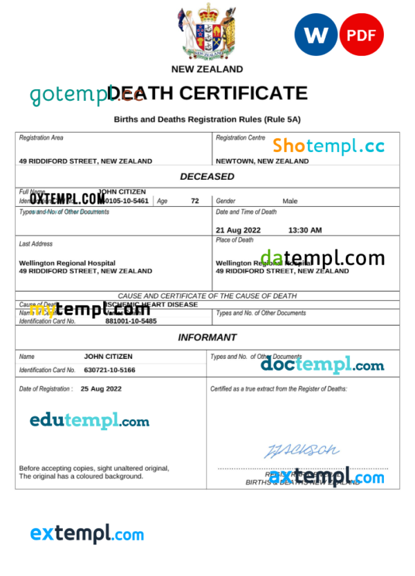 New Zealand death certificate Word and PDF template, completely editable