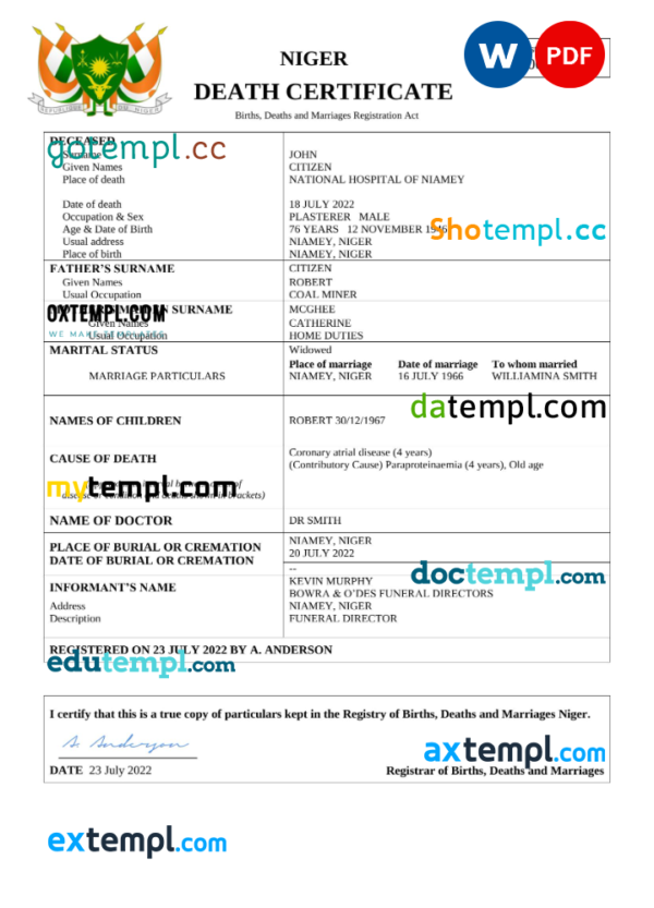 Niger death certificate Word and PDF template, completely editable