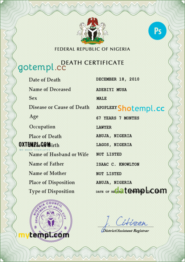 Nigeria vital record death certificate PSD template, fully editable
