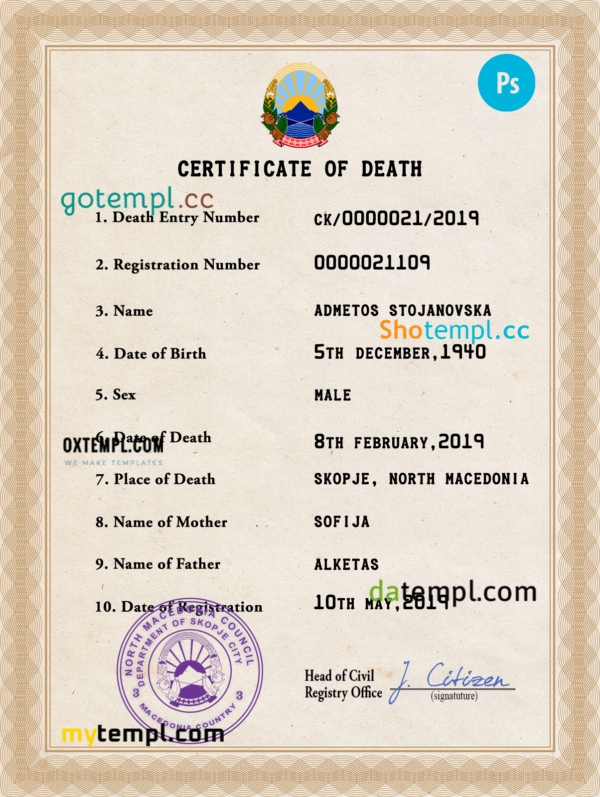North Macedonia vital record death certificate PSD template