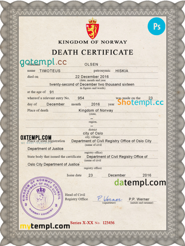Norway vital record death certificate PSD template, completely editable