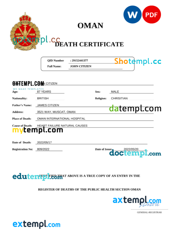 Oman vital record death certificate Word and PDF template