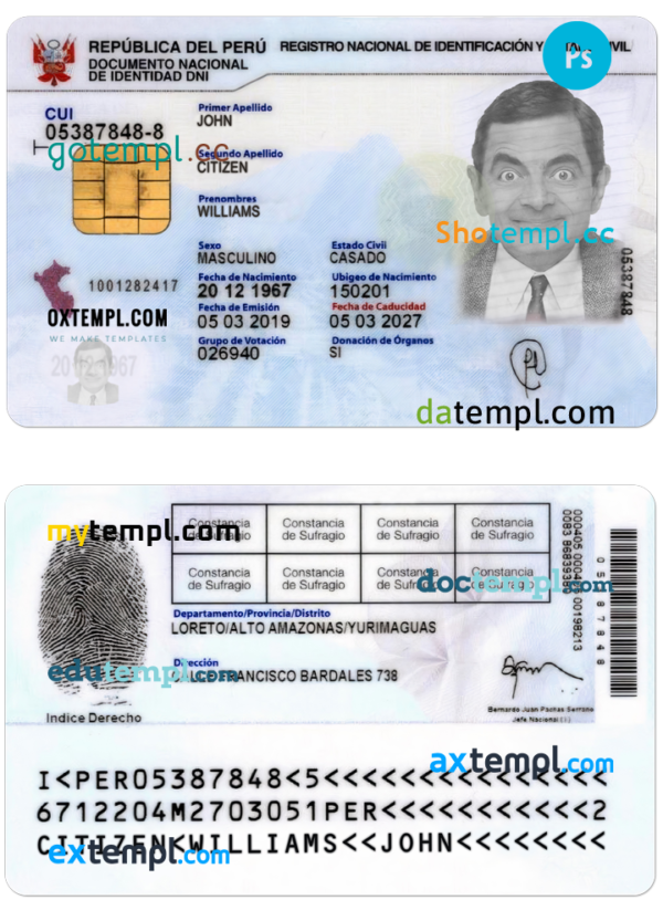 Peru identity card PSD template, with fonts