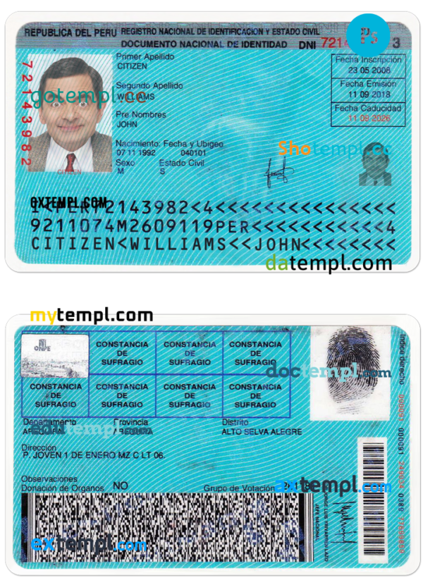 Peru identity card PSD template, with fonts, version 2