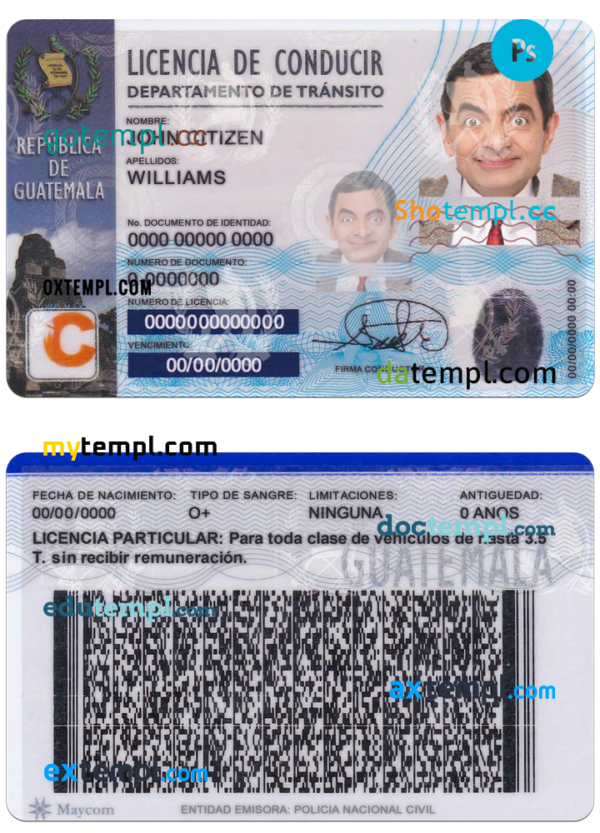 Guatemala driving license PSD template, with fonts