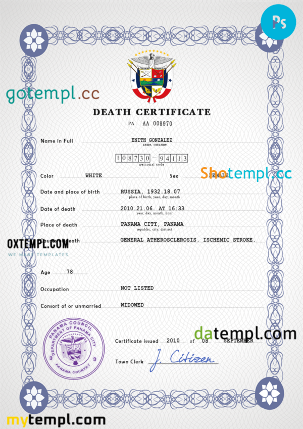 Panama vital record death certificate PSD template, fully editable