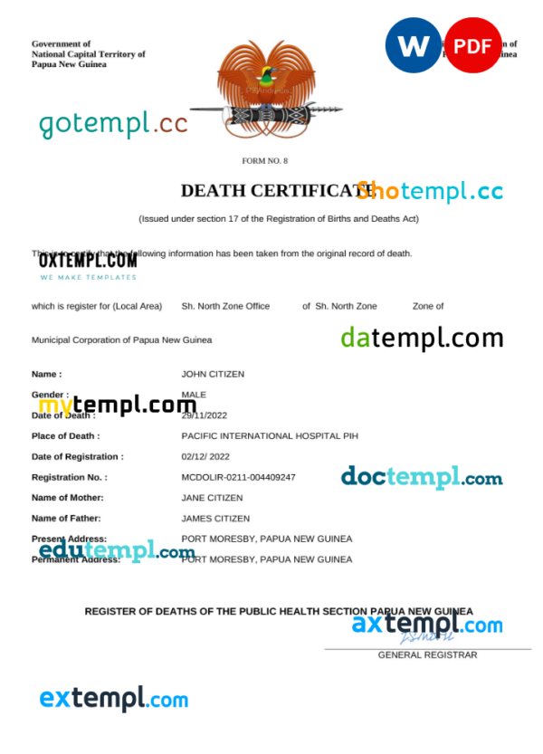 Papua New Guinea vital record death certificate Word and PDF template