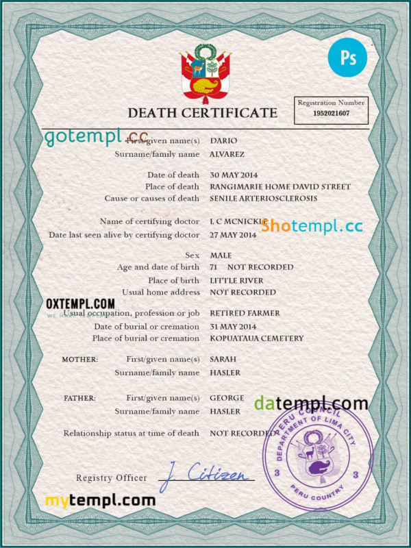 Peru death certificate PSD template, completely editable