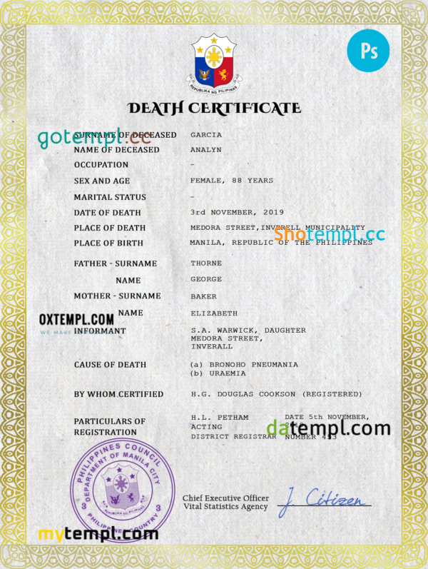 Philippines vital record death certificate PSD template, completely editable