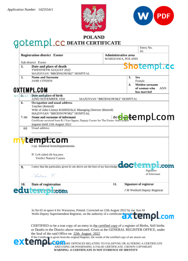 Poland death certificate Word and PDF template, completely editable