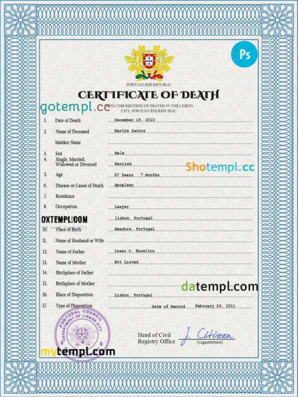Portugal death certificate PSD template, completely editable