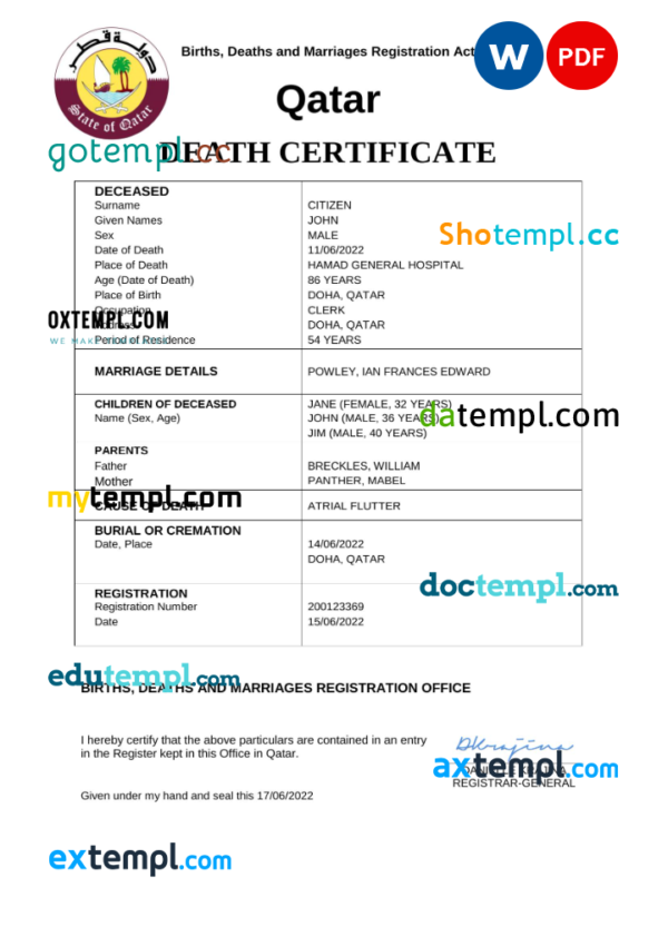 Qatar vital record death certificate Word and PDF template