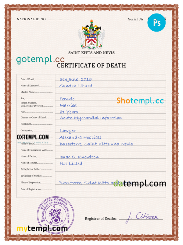 Saint Kitts and Nevis death certificate PSD template, completely editable