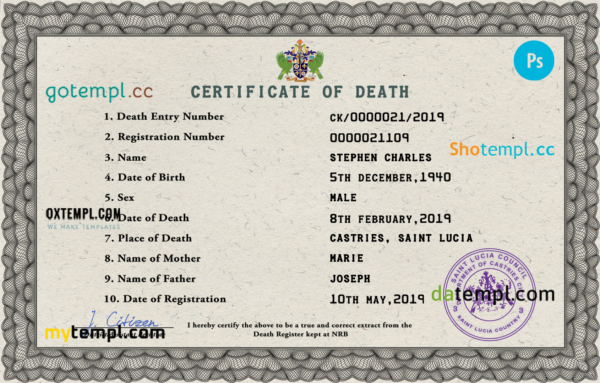 Saint Lucia vital record death certificate PSD template