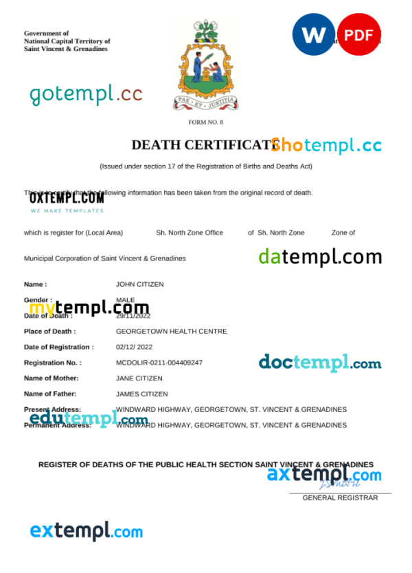 Saint Vincent and the Grenadines vital record death certificate Word and PDF template