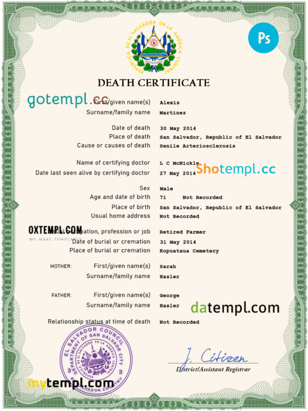 Salvador vital record death certificate PSD template, completely editable