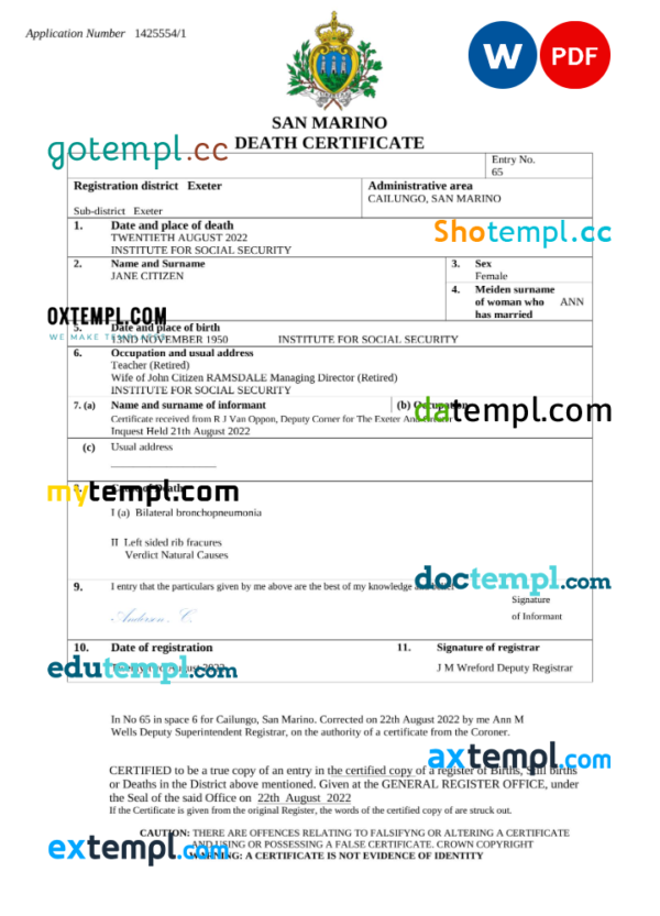 San Marino death certificate Word and PDF template, completely editable