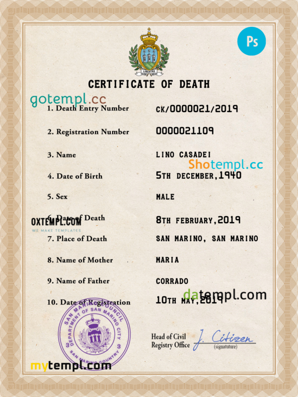 San Marino vital record death certificate PSD template, fully editable