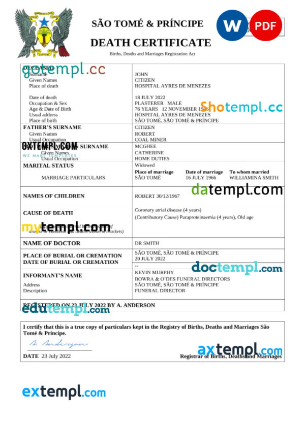 Sao Tome and Principe vital record death certificate Word and PDF template