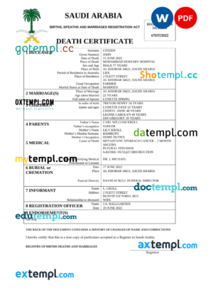 Saudi Arabia death certificate Word and PDF template, completely editable