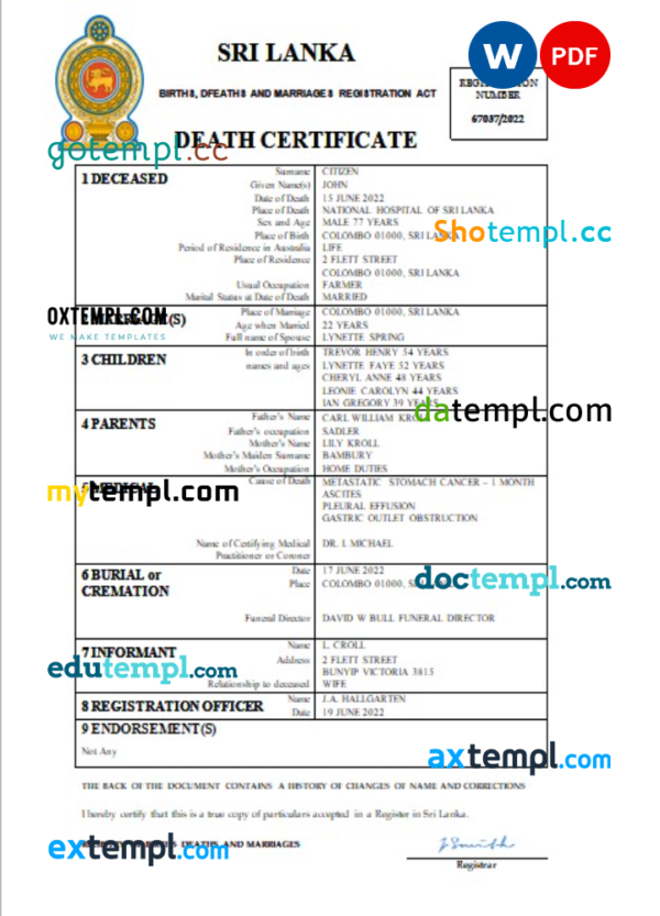 Sri Lanka vital record death certificate Word and PDF template