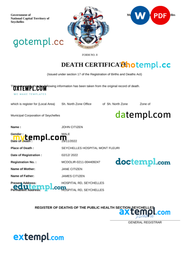 Seychelles vital record death certificate Word and PDF template
