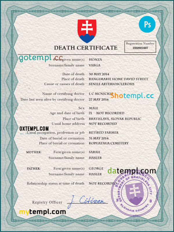 Slovakia vital record death certificate PSD template