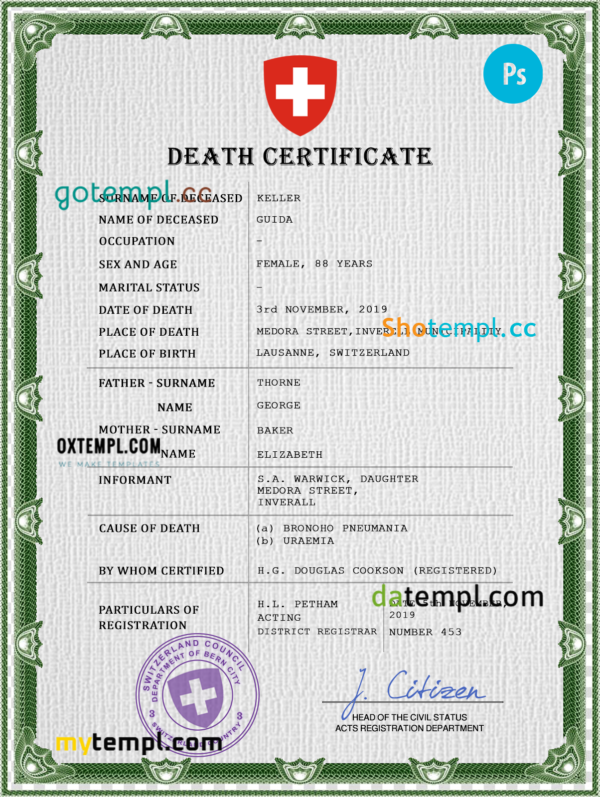 Switzerland death certificate PSD template, completely editable