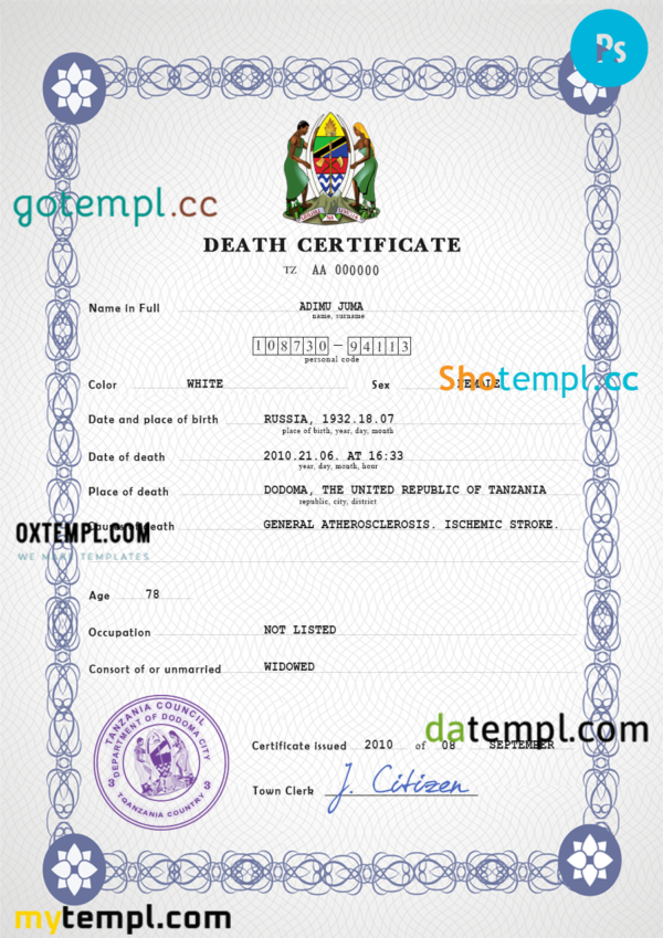 Tanzania vital record death certificate PSD template, fully editable