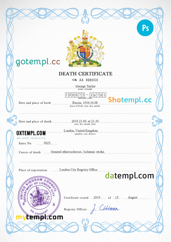 United Kingdom death certificate PSD template, completely editable