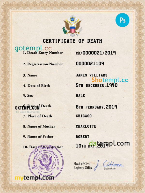 United States of America vital record death certificate PSD template