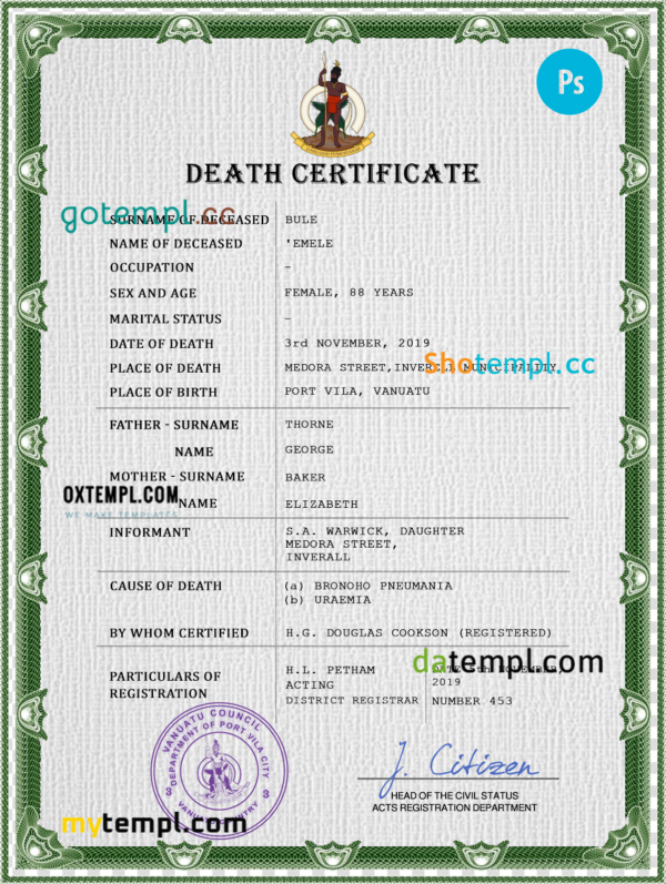 Vanuatu vital record death certificate PSD template, completely editable