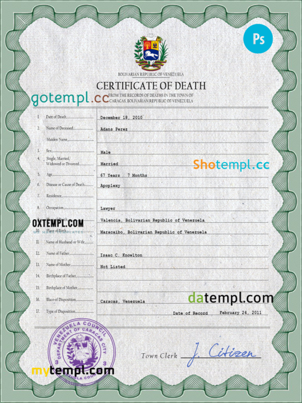 Venezuela vital record death certificate PSD template, fully editable