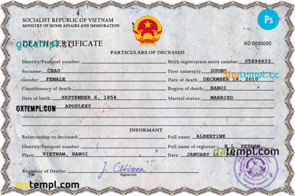 Vietnam death certificate PSD template, completely editable