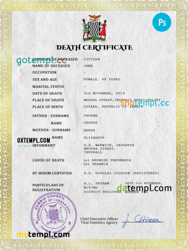 Zambia vital record death certificate PSD template