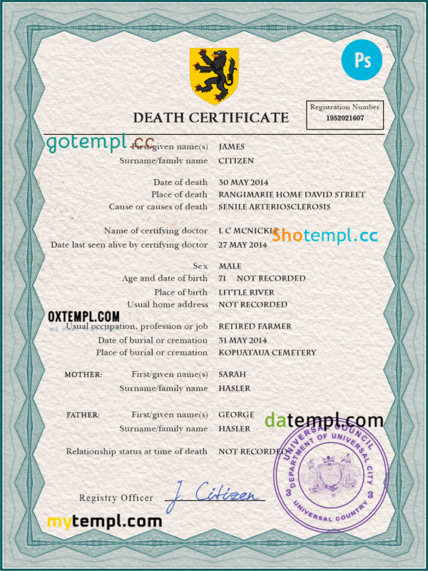 # apex vital record death certificate universal PSD template