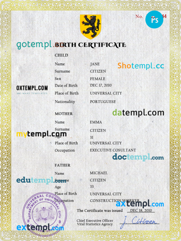 # benefits universal birth certificate PSD template, fully editable