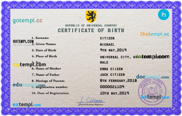 # bold universal birth certificate PSD template, completely editable