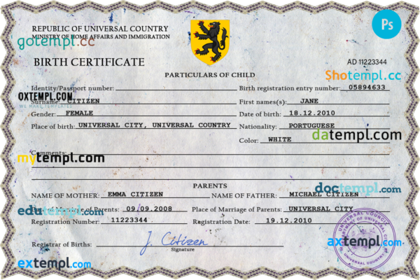 # champion vibe universal birth certificate PSD template, fully editable