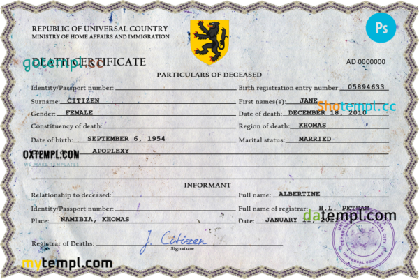 # click vital record death certificate universal PSD template