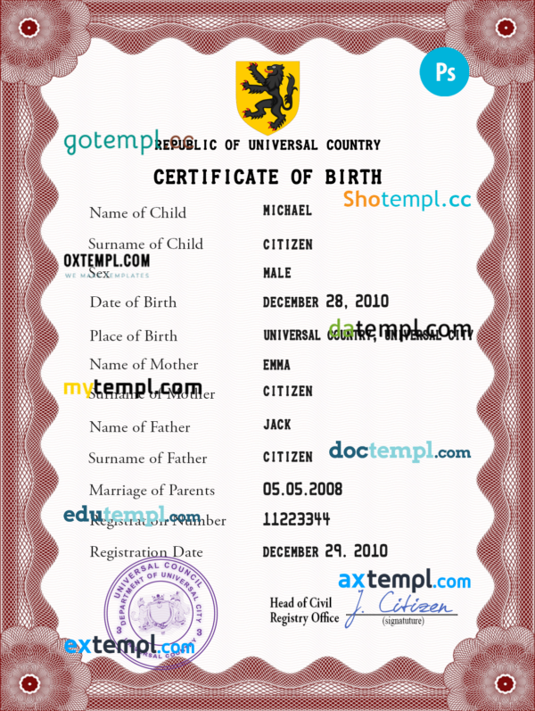 # disclosure universal birth certificate PSD template, fully editable