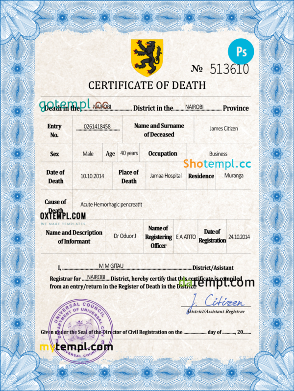 # foster death universal certificate PSD template, completely editable