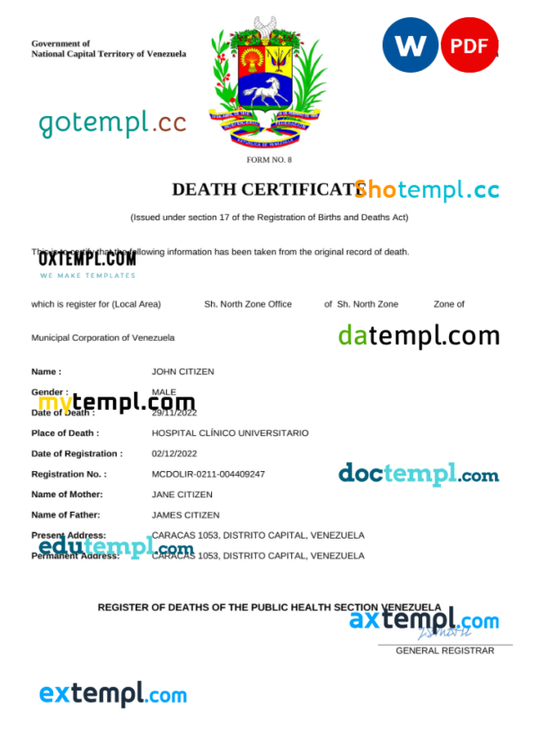 Venezuela vital record death certificate Word and PDF template
