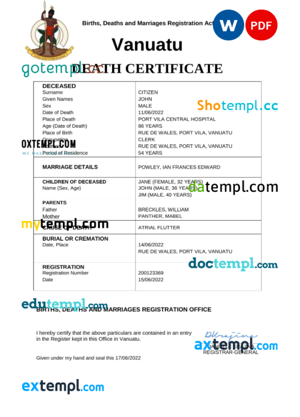 Vanuatu death certificate Word and PDF template, completely editable