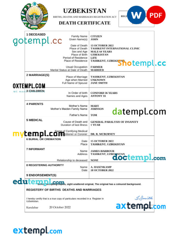 Uzbekistan vital record death certificate Word and PDF template
