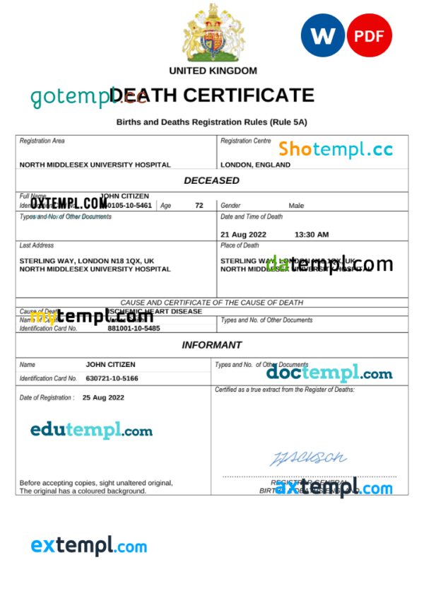 United Kingdom vital record death certificate Word and PDF template