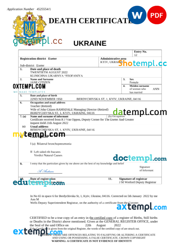 Ukraine death certificate Word and PDF template, completely editable