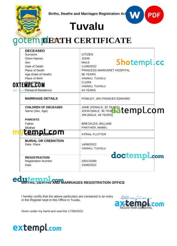 Tuvalu vital record death certificate Word and PDF template