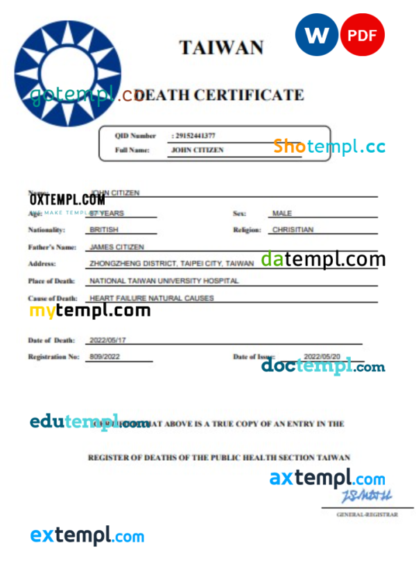 Taiwan death certificate Word and PDF template, completely editable